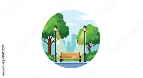 Empty wooden park bench situated between two classic street lamps surrounded by green trees in a city park setting.