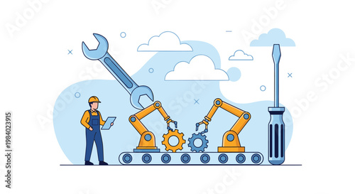 Factory worker managing automated robotic arms on a conveyor belt assembly line with large mechanical tools in the background scenery.