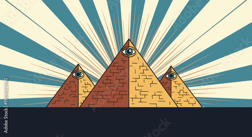 Three ancient Egyptian pyramids featuring an all-seeing eye on each against a retro sunburst background sky at sunset.