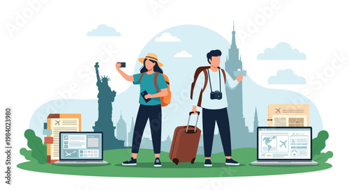 Young couple traveling with luggage, cameras, and laptops against a background of world famous landmarks like Statue of Liberty.