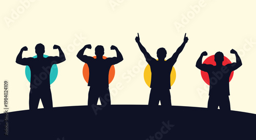 Black silhouettes of four men celebrating success and raising arms against colorful circular patterns on a beige ground.