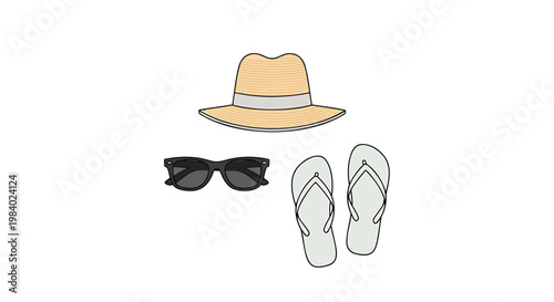 Summer accessories, beachwear icons, hat, sunglasses, flip flops, vector graphics