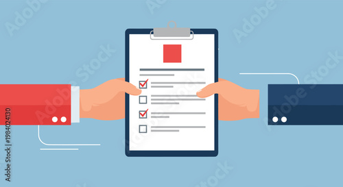 Two hands exchanging a clipboard with a checklist document representing a survey feedback or business agreement process.