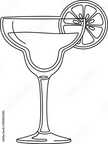 A simple line drawing of a margarita cocktail glass with a slice of citrus fruit