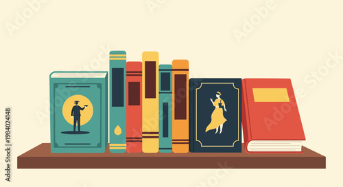 Various colorful old-fashioned books standing in a row on a wooden bookshelf against a plain cream colored wall background.