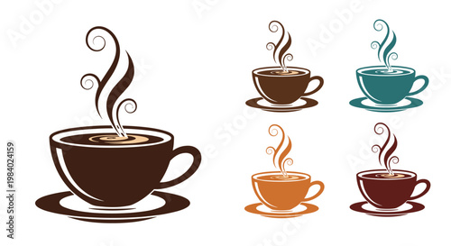Collection of coffee cup icons in different colors featuring elegant steam swirls above each cup on saucers against white.