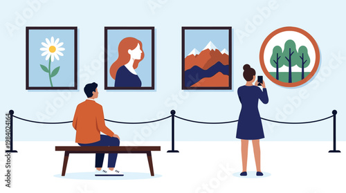 Modern Art Gallery Exhibition with Visitors Viewing Paintings and Museum Interior Flat Vector Illustration