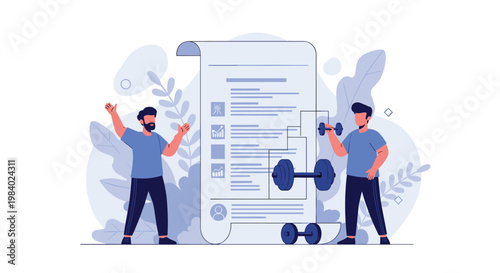 Two men in sports clothes interacting with a giant exercise plan document and heavy dumbbells representing fitness training.