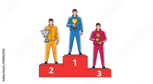 Three male athletes standing on a red numerical podium celebrating their first, second, and third place victories with trophies.