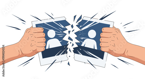 Tearing a photograph in half shows a man and woman being separated as a visual metaphor for relationship breakup or divorce proceedings.