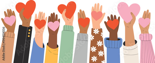 A digital illustration of multiple raised hands holding red and pink hearts with colorful sleeves on white background