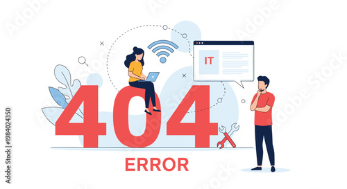 Confused people look at a website error page with a large 404 message while trying to access online content during a technical outage.