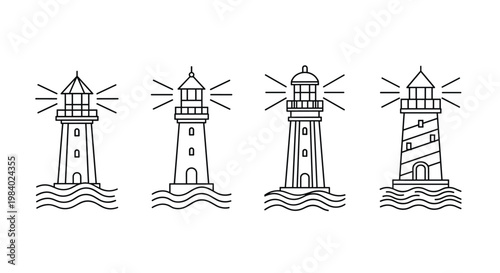 Set of four lighthouse icons in a simple minimalist line art style showing different tower designs standing over stylized ocean waves.