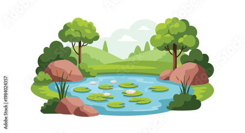 Peaceful pond landscape features green lily pads with white flowers floating on calm blue water surrounded by lush trees and rolling hills.