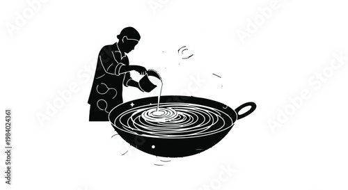 Chef pouring liquid into a hot wok, preparing a meal with care and skill.