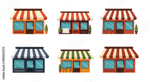 Collection of different shop front designs with colorful striped awnings and large display windows for small business and retail concepts.
