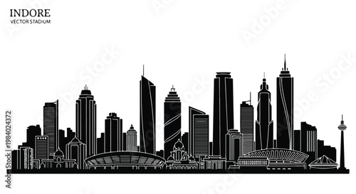 Monochrome silhouette of a city skyline with skyscrapers and a bridge against a white background.