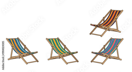 Group of colorful striped deck chairs arranged against a plain white background for summer vacation and beach relaxation themed designs.