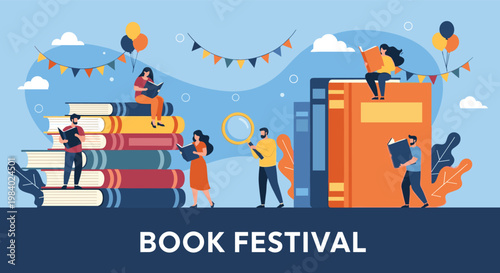 Diverse group of people celebrating a book festival by reading, carrying giant books, and exploring literature in a festive blue atmosphere.
