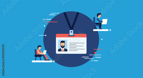 Concept of employee identification with a large ID badge center and tiny professional people working on laptops around it for business.