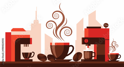 Illustration of coffee machines and cups with coffee beans and steam against a stylized city skyline background.