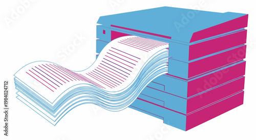 A graphic illustration of a blue and pink office printer rapidly printing a large stack of documents, with papers flowing out.