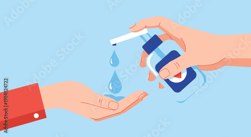 Hand dispensing blue liquid soap or sanitizer from a pump bottle into another hand for hygiene, health protection, and cleaning themes.