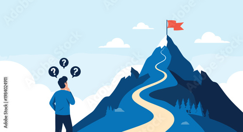 Determined man standing on a mountain looking at the winding path leading up to a red flag at the peak representing goals and ambition.