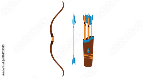 Traditional hunting set includes a curved wooden bow, a quiver with feathered blue arrows, and a single arrow for sport and target practice.