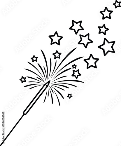 Simple black line drawing of a sparkler with stars