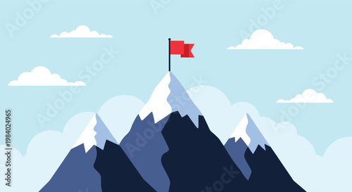 Stylized illustration of three mountain peaks with snow caps and a red flag planted on the highest summit under a blue sky with clouds.