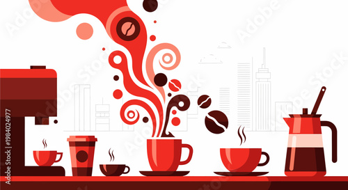 Stylized illustration of various coffee items including cups, a coffee maker, and a pot, with swirling steam and coffee beans against a city skyline.
