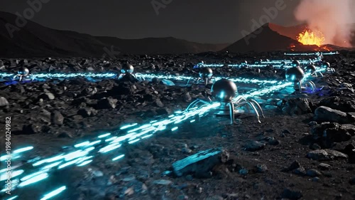 Futuristic robotic sensor device tracks volcanic activity with glowing blue lights 4k video
