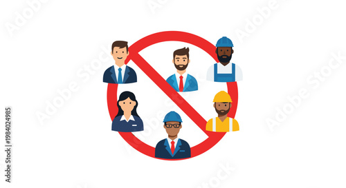 Diverse group of professional workers including business people and manual laborers crossed out by a red prohibition symbol on a white background.