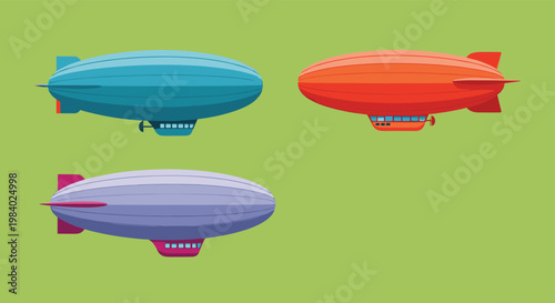Three colorful blimps or airships in blue, red, and purple flying in parallel across a solid green background in a flat vector style.
