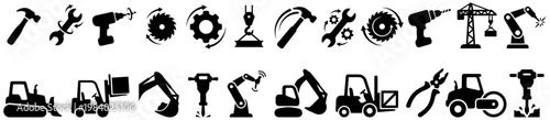 Collection of industrial and construction equipment icons including drills hammers cranes forklifts excavators and paving equipment tools machinery heavy industry engineering
