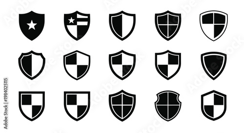 Comprehensive collection of diverse black and white shield icons with different shapes and internal patterns representing security and protection.