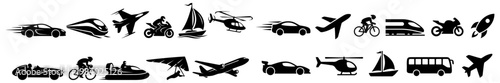 Diverse collection of transportation icons including cars airplanes trains motorcycles bicycles helicopters sailboats hovercraft hang gliders buses and rockets vehicles travel