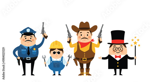Group of cute characters dressed in different costumes including a police officer, a construction worker, a cowboy, and a magician.