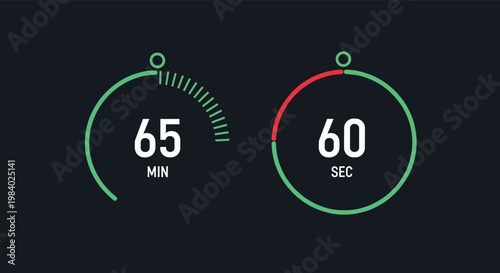 Modern digital display showing two circular timers representing 65 minutes and 60 seconds against a dark gray background with green accents.