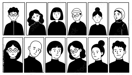 Collection of diverse cartoon style portraits showing various facial expressions and hairstyles presented in a grid layout for easy selection people diversity illustration