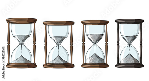 Set of four vintage wooden hourglasses showing different levels of sand to represent the passage of time and various durations.