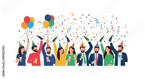 Diverse group of happy people wearing party hats and celebrating with balloons, confetti, and drinks at a festive social gathering.