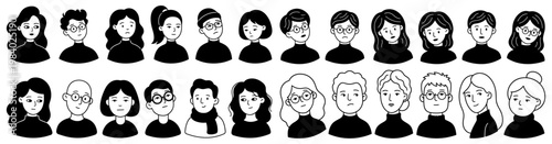A collection of diverse hand drawn bust portraits showcasing various hairstyles facial features and expressions rendered in a simple modern black and white graphic style people