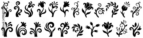 Collection of black ornamental floral swirls and decorative botanical elements with stylized flower shapes and curling stems forming elegant decorative flourishes decoration