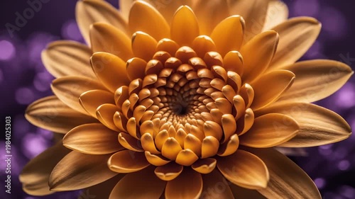 Macro Close-Up of a Golden Chrysanthemum Flower With Intricate Petals and Blurred Purple Background