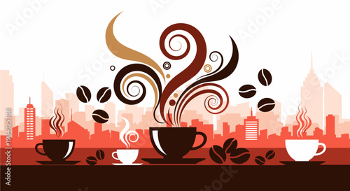 Stylized illustration of coffee cups with swirling steam and coffee beans against a city skyline silhouette in warm tones.