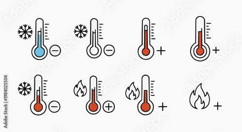 Temperature Control Vector Icons Set - Minimalist Thermometer with Snowflake and Flame Symbols