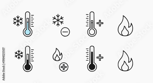 Temperature Control Vector Icons Set - Minimalist Thermometer with Snowflake and Flame Symbols