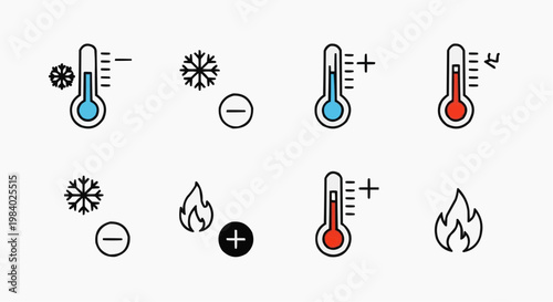 Temperature Control Vector Icons Set - Minimalist Thermometer with Snowflake and Flame Symbols